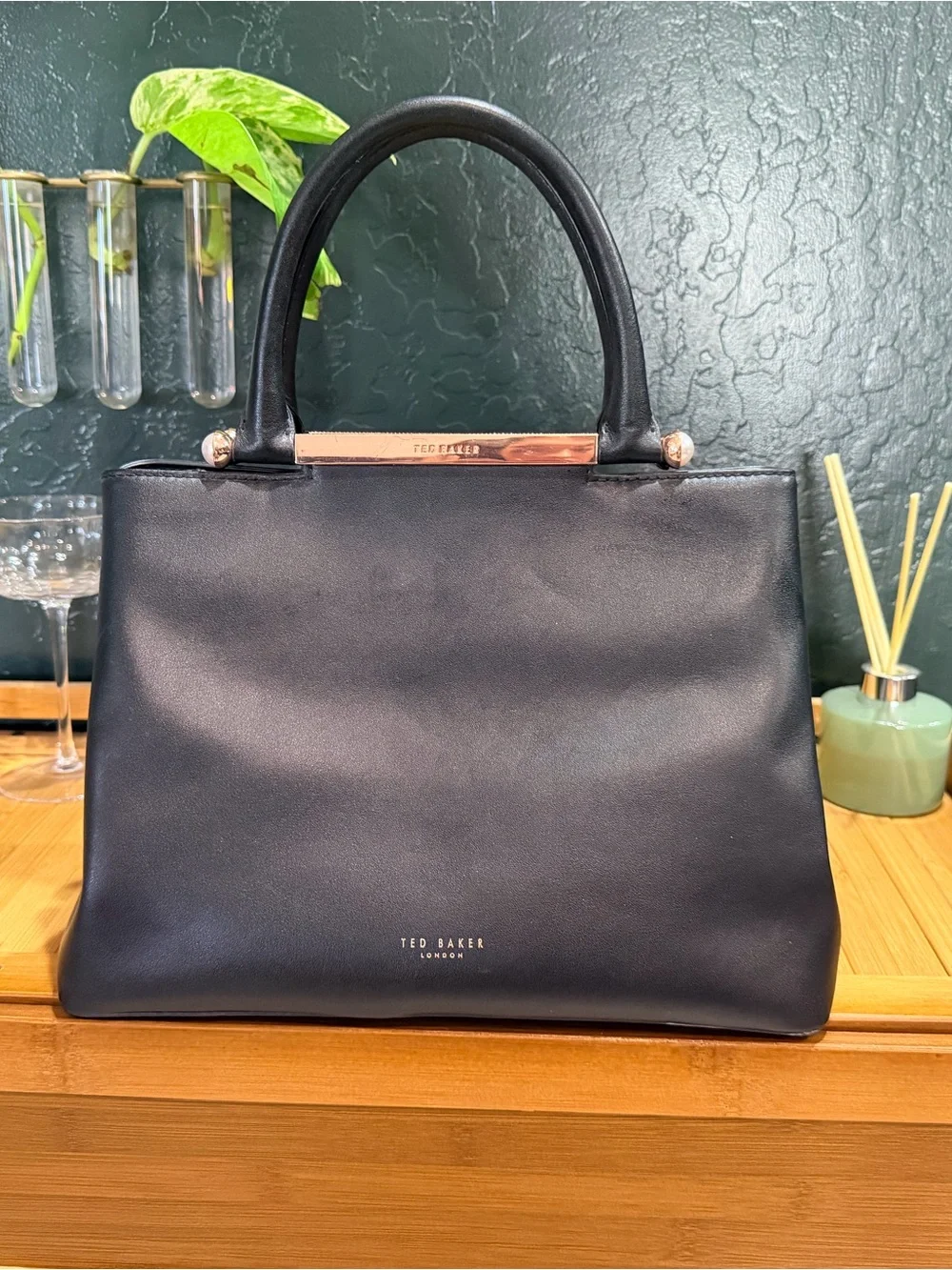 Ted Baker Black Leather Satchel with Rose Gold Accent